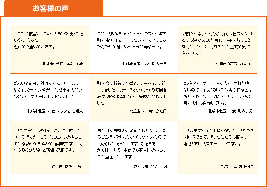 カラスの被害が、このゴミＢＯＸを使った日からなくなった。近所でも驚いています。